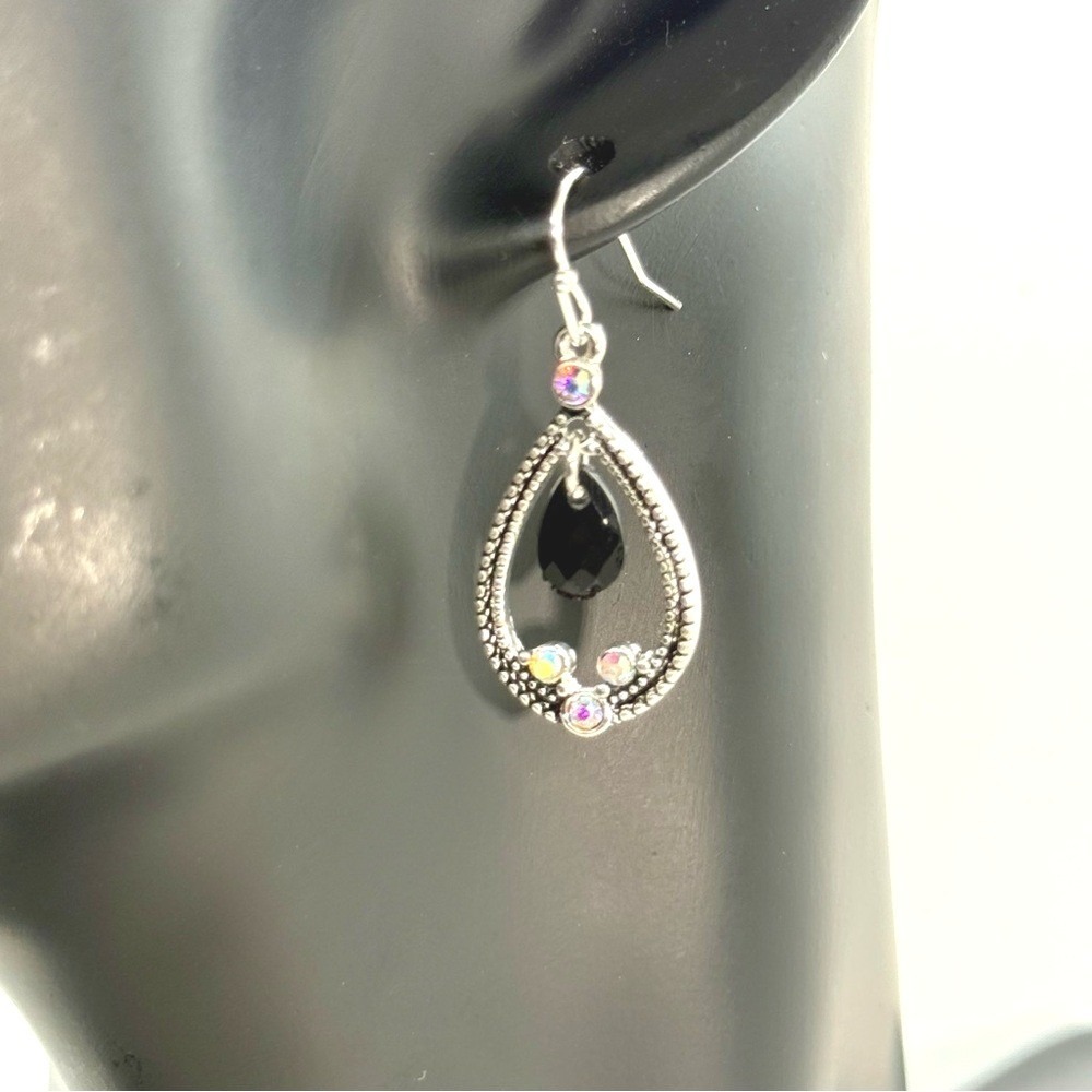 Ear Sense Silver Tone Black Teardrop AB Rhinestone Hypoallergenic Earrings NEW - Picture 2 of 6